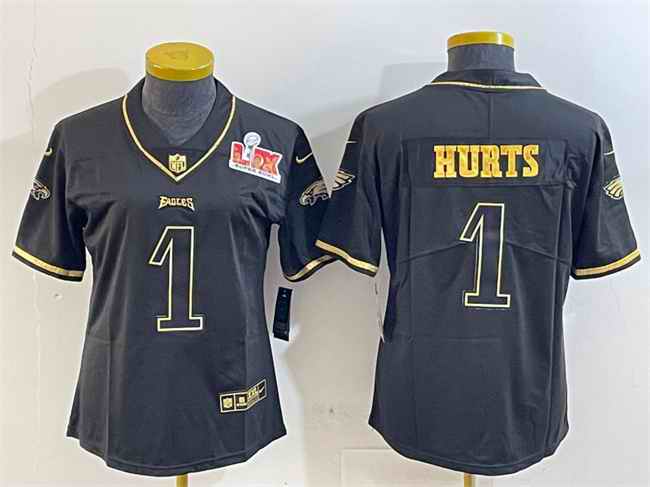 Women's Philadelphia Eagles #1 Jalen Hurts Black/Gold 2025 Super Bowl LIX Patch Salute To Service Vapor Untouchable Limited Stitched Football Jersey(Run Small)